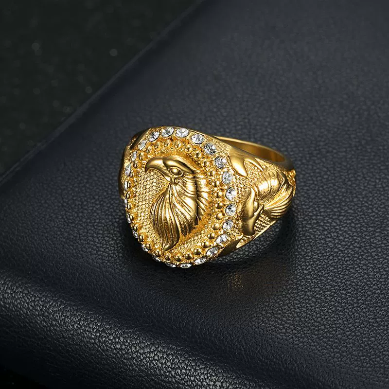 Embossed Eagle Head Crystal Border Men Signet Ring