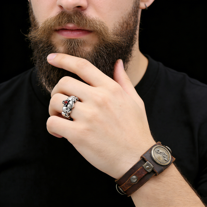 Vintage Skull Red Gem Open Cuff Sterling Silver Ring