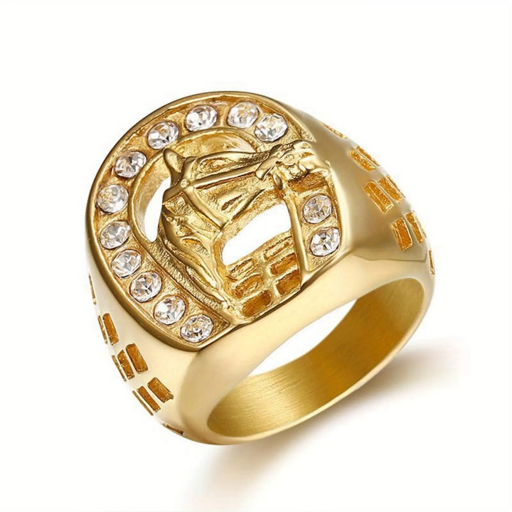 Horse Head Horseshoe Crystal Western Signet Ring