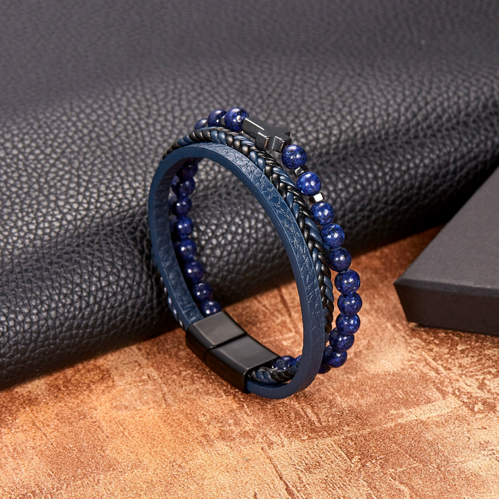 Religious Cross Beaded Stone Multi Layer Leather Wristband