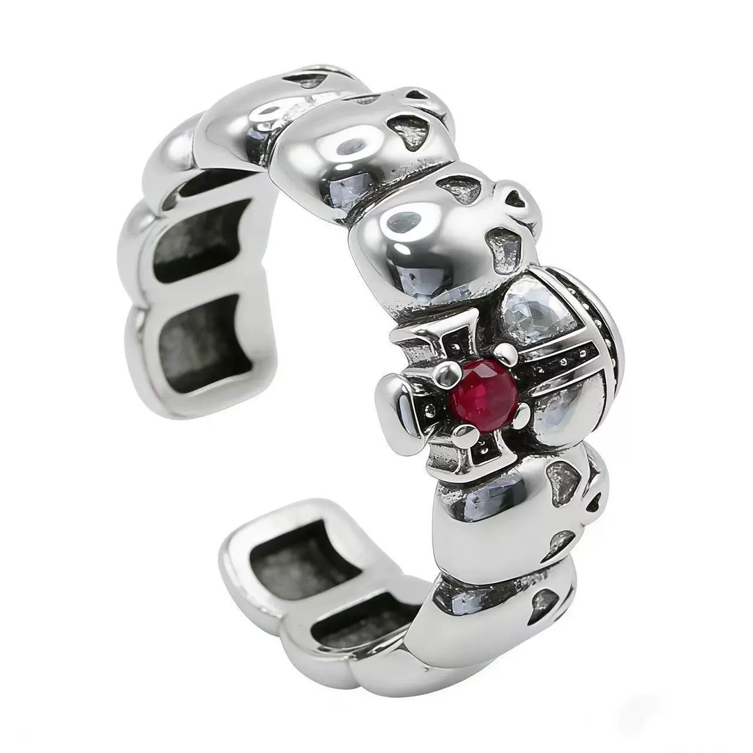 Vintage Skull Red Gem Open Cuff Sterling Silver Ring