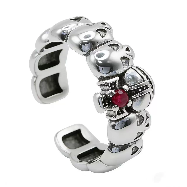 Vintage Skull Red Gem Open Cuff Sterling Silver Ring
