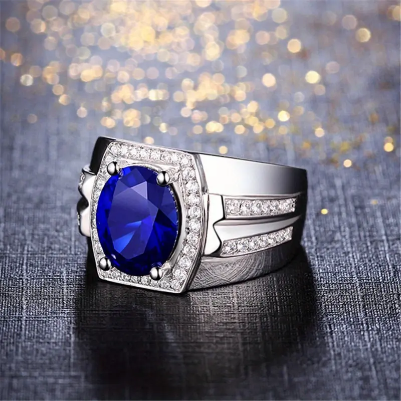 Vintage Halo Oval Cut Gemstone Men Band Ring
