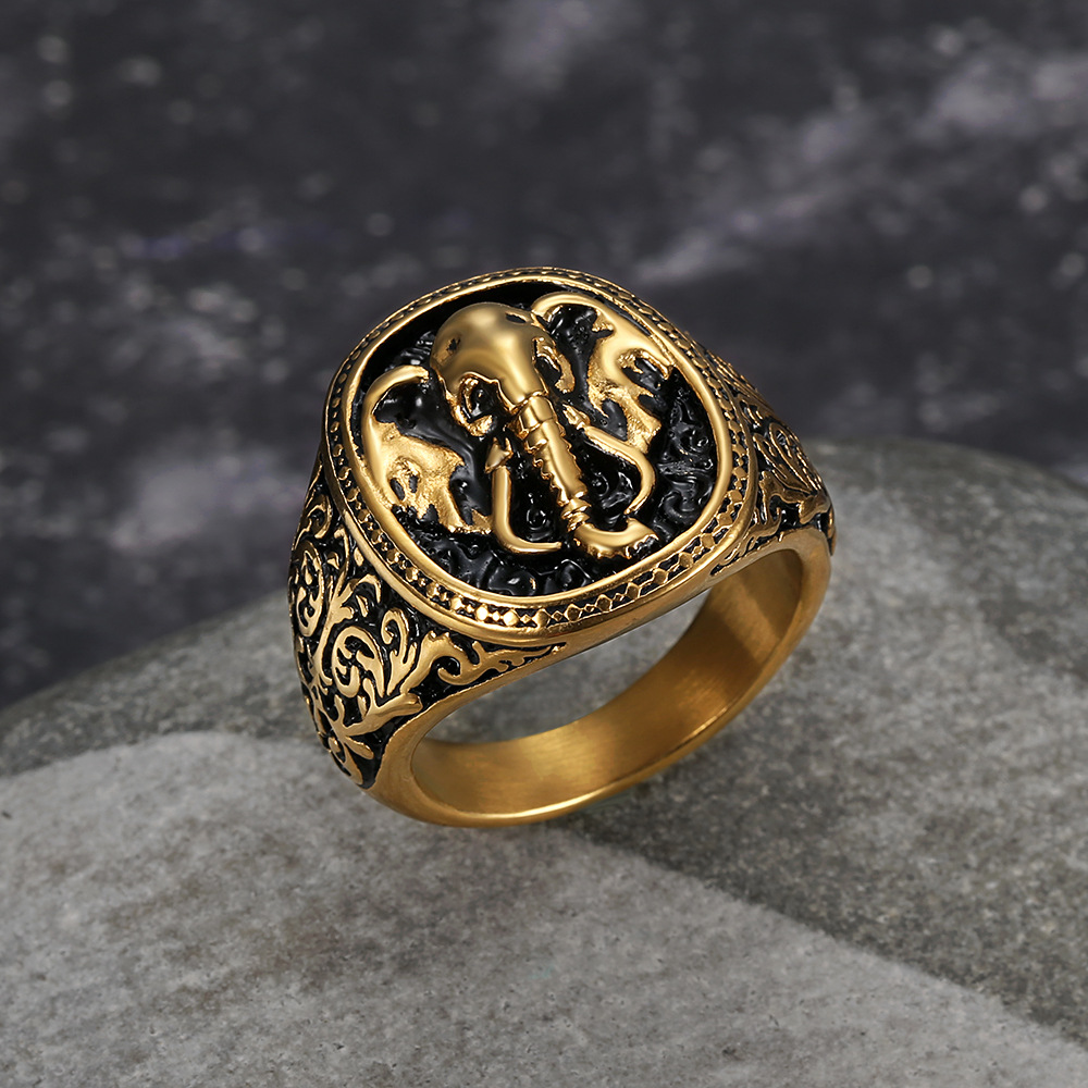 Vintage Engraved Elephant Totem Signet Statement Ring