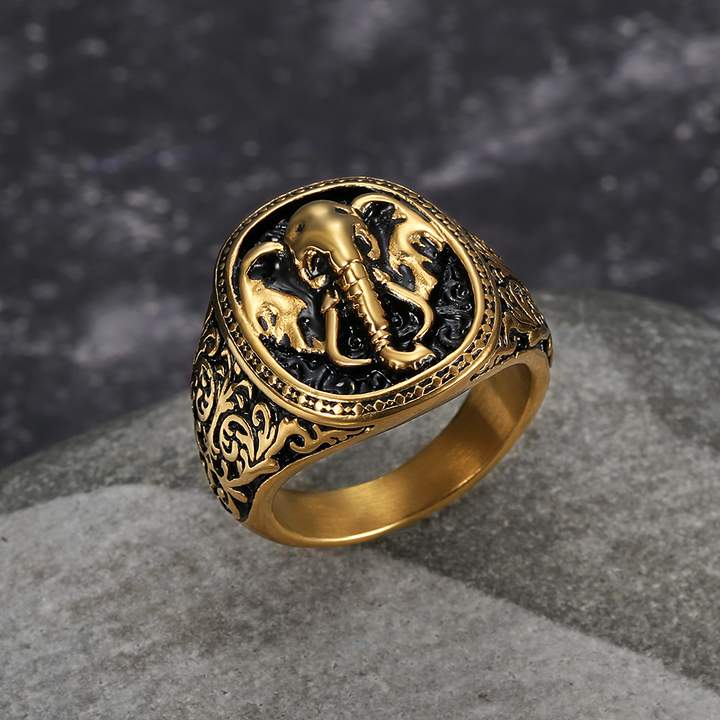 Vintage Engraved Elephant Totem Signet Statement Ring