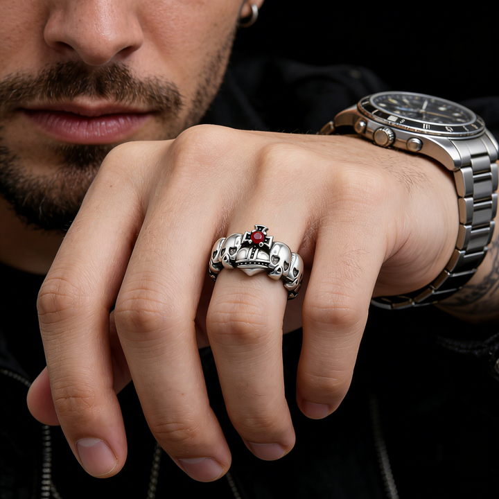 Vintage Skull Red Gem Open Cuff Sterling Silver Ring