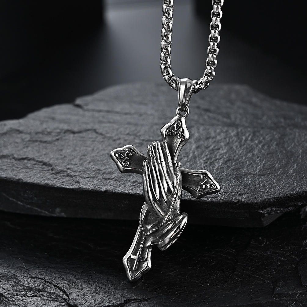Religious Faith Praying Hands Cross Charm Necklace