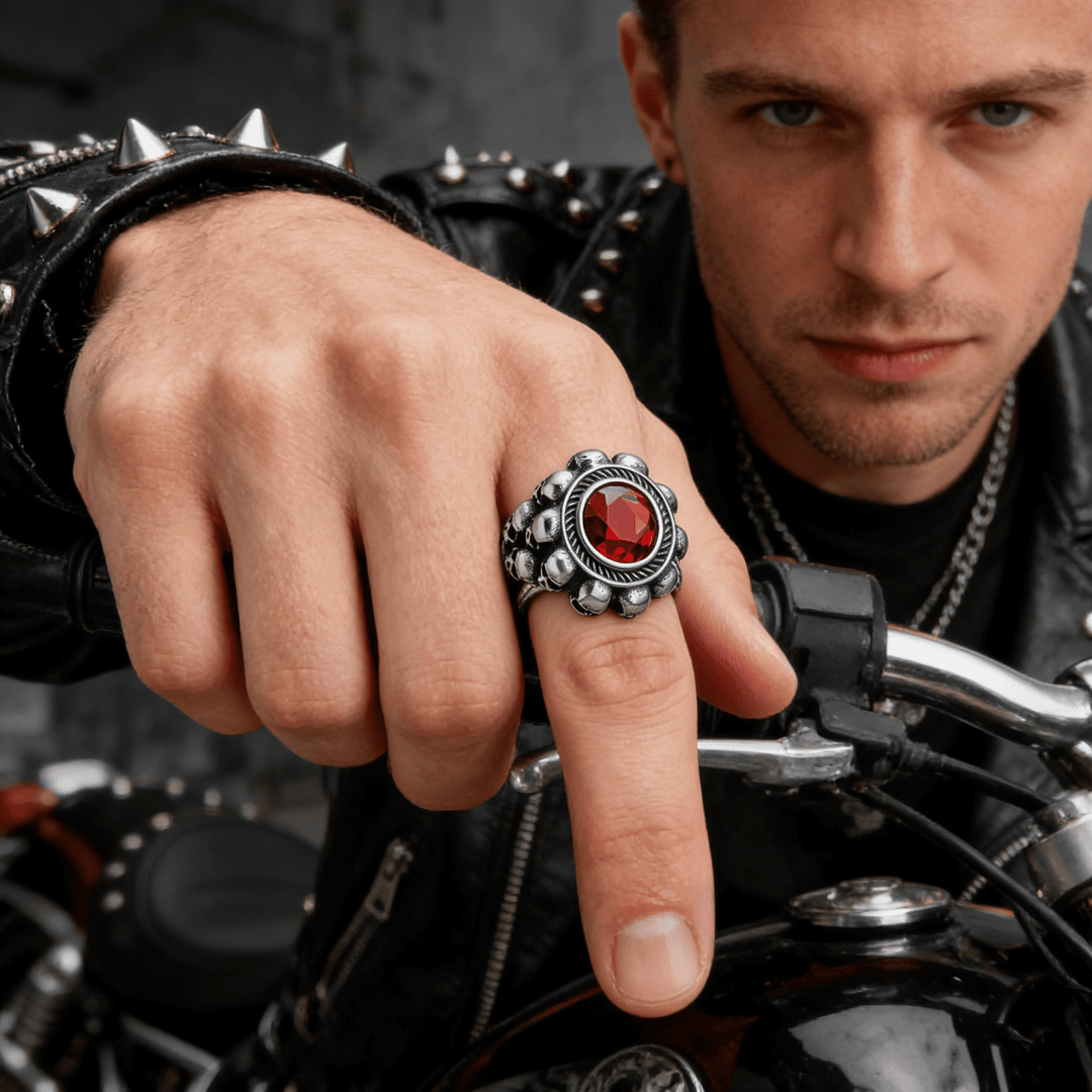Red round gemstone skull ring