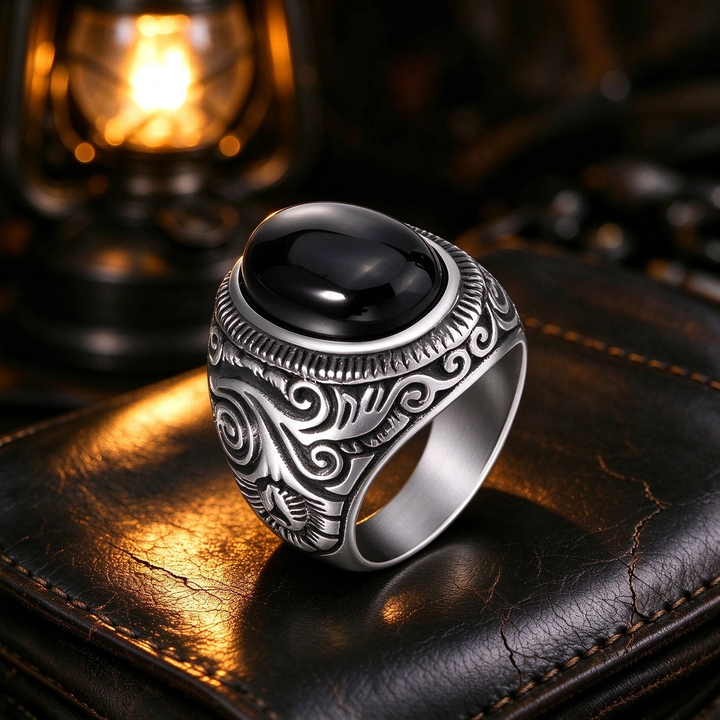 Vintage Carved Signet Ring With Oval Gemstone