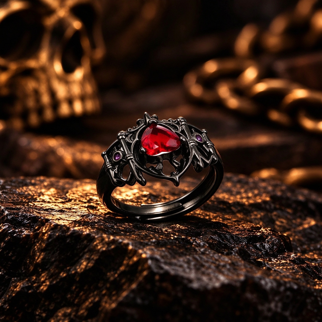 Dark Retro Heart Stone Hollow Gothic Style Ring