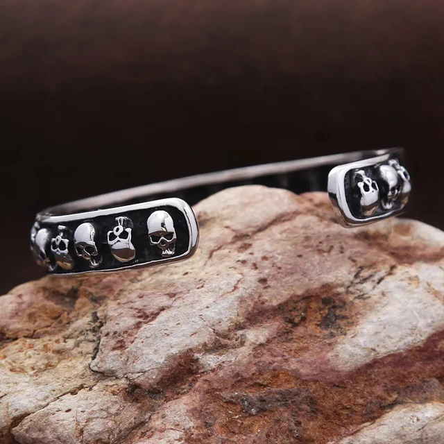 Vintage Skull Pattern Open Cuff Stainless Steel Men Bangle Bracelet
