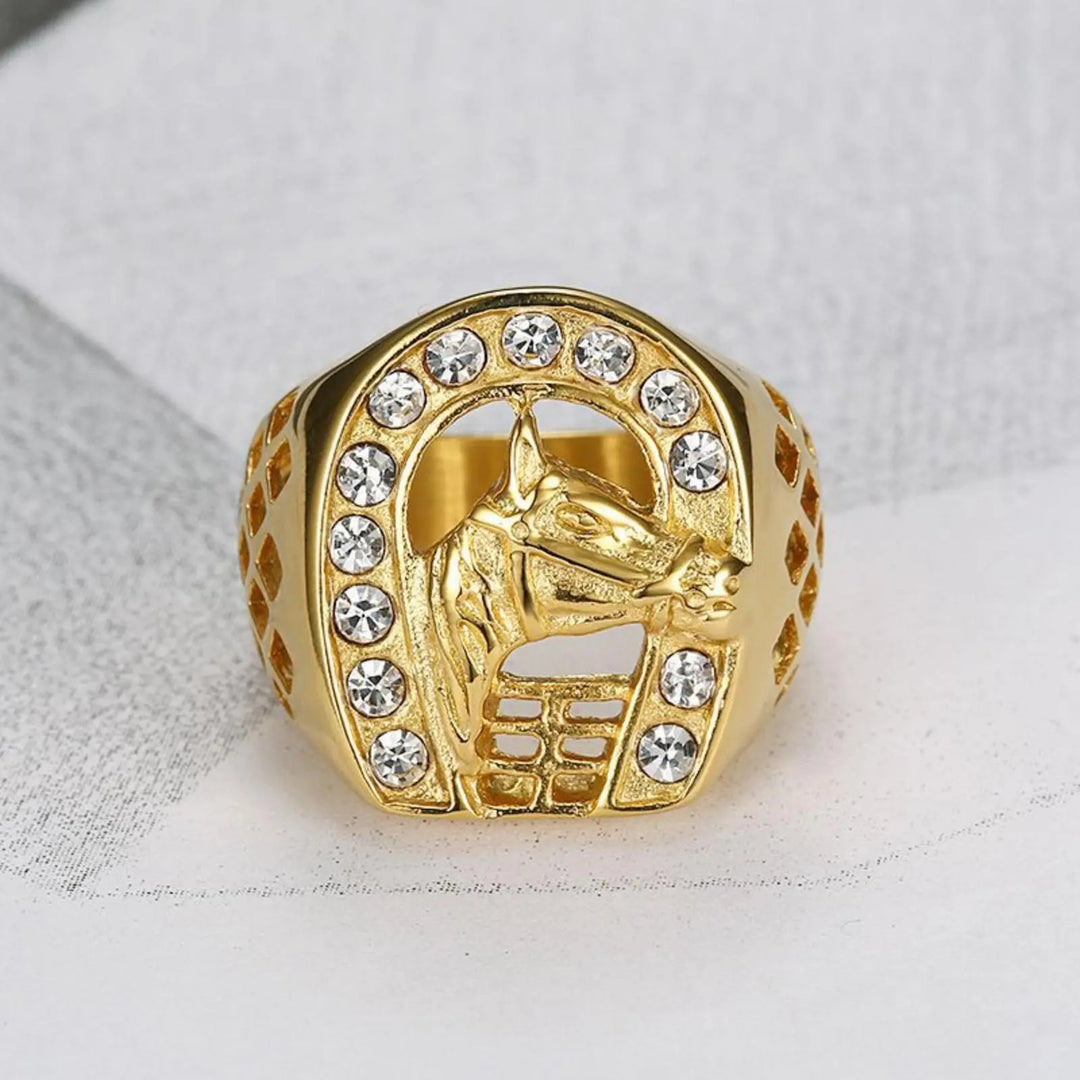 Horse Head Horseshoe Crystal Western Signet Ring