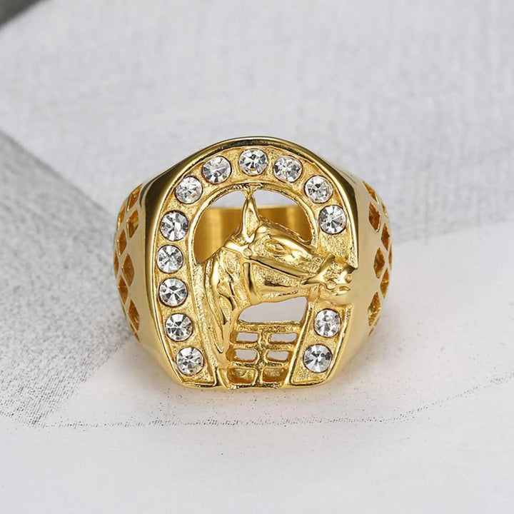 Horse Head Horseshoe Crystal Western Signet Ring