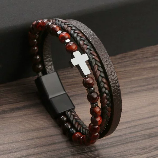 Religious Cross Beaded Stone Multi Layer Leather Wristband