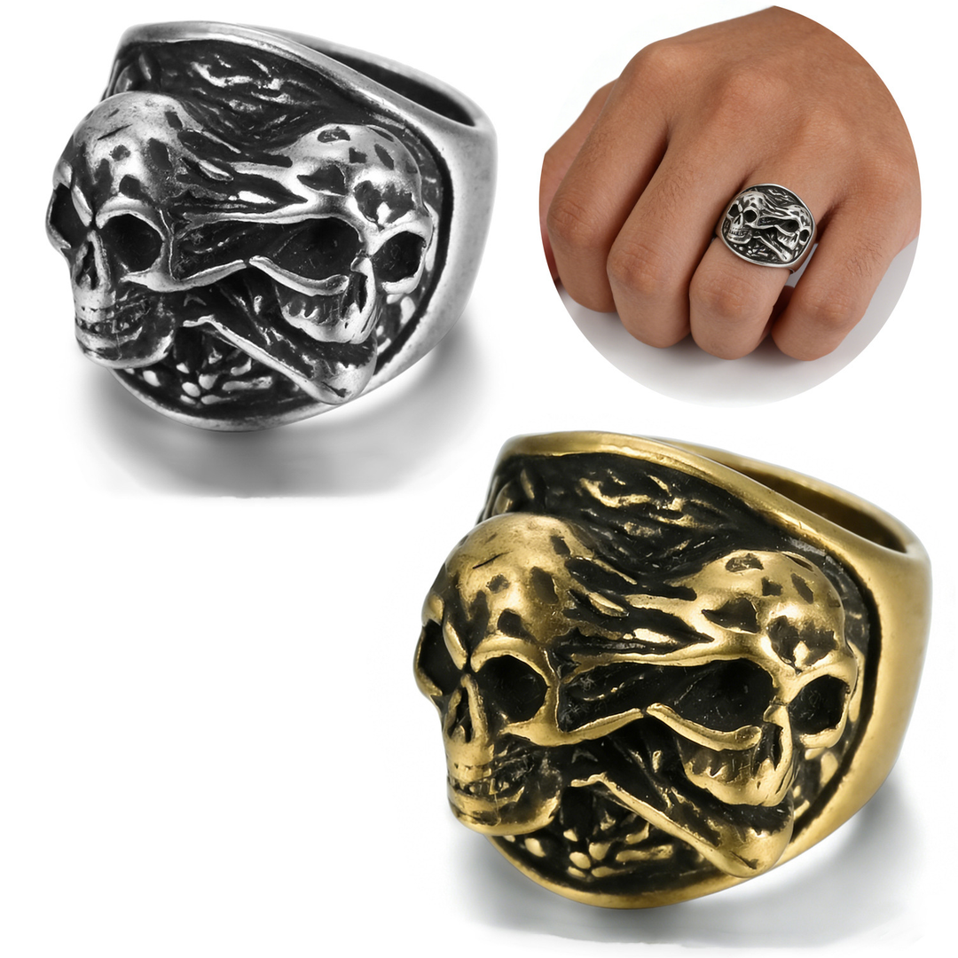 Mens Double Skull Ring Gothic Biker Statement Finger Jewelry