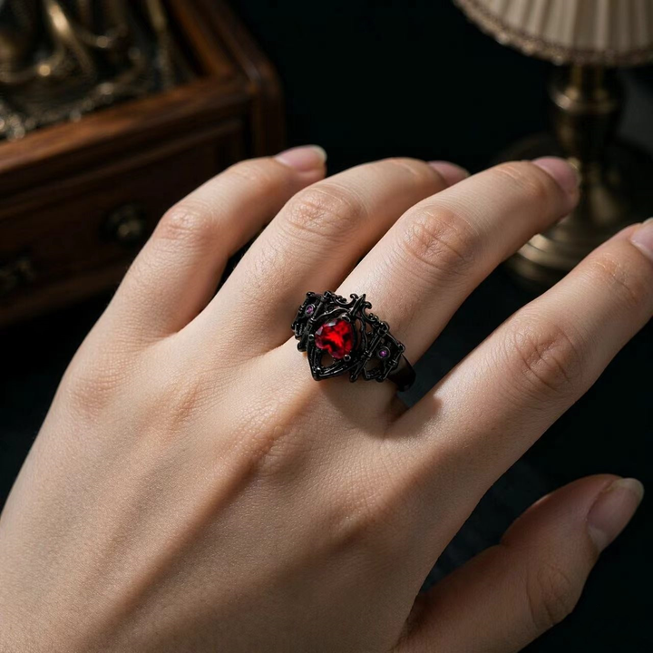 Dark Retro Heart Stone Hollow Gothic Style Ring