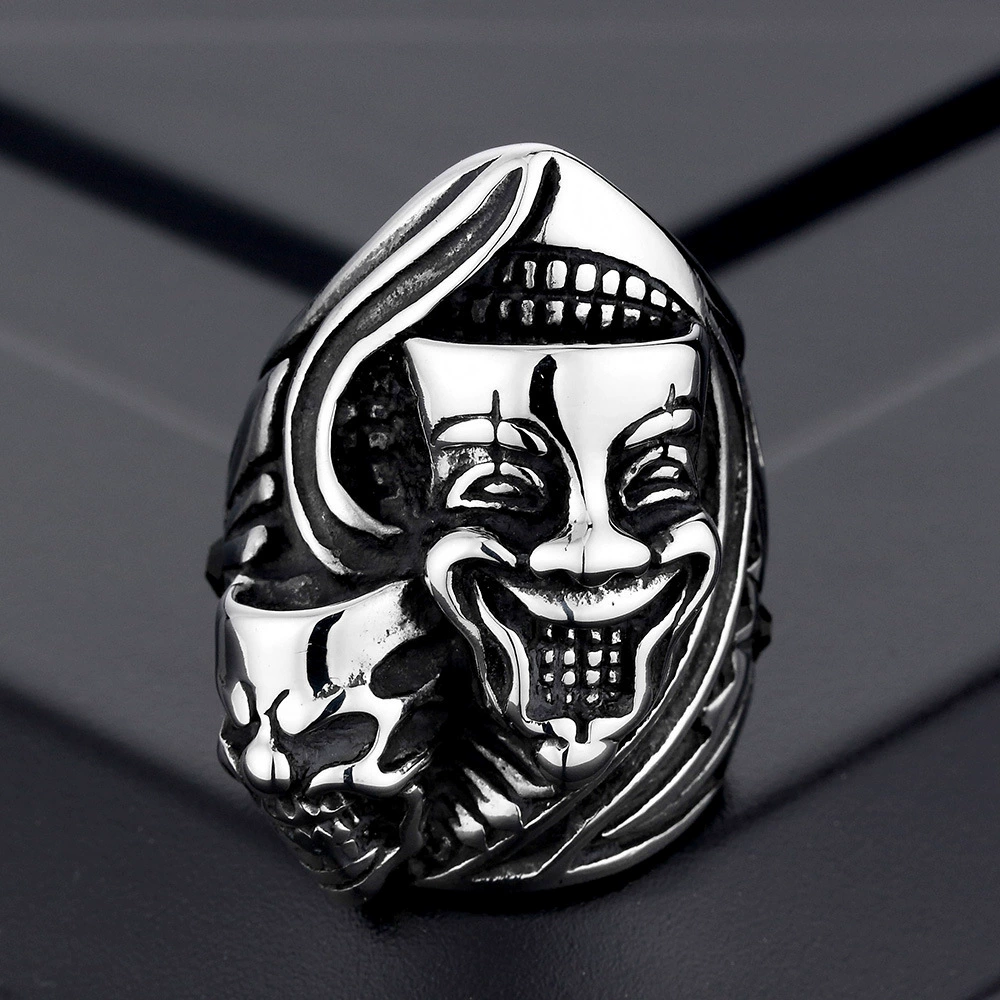 Dual Face Clown Skull Gothic Biker Ring
