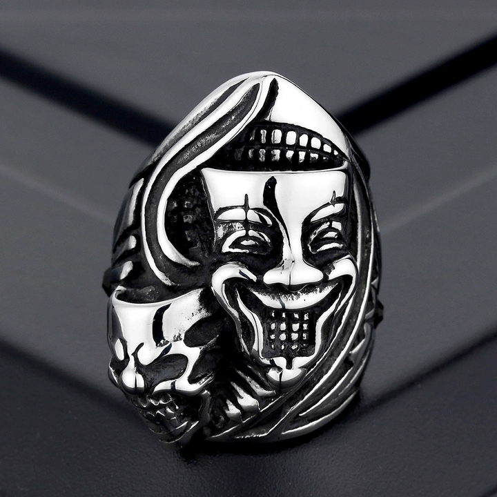 Dual Face Clown Skull Gothic Biker Ring