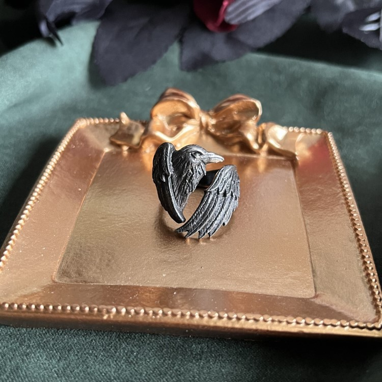 Vintage dark black crow open adjustable ring