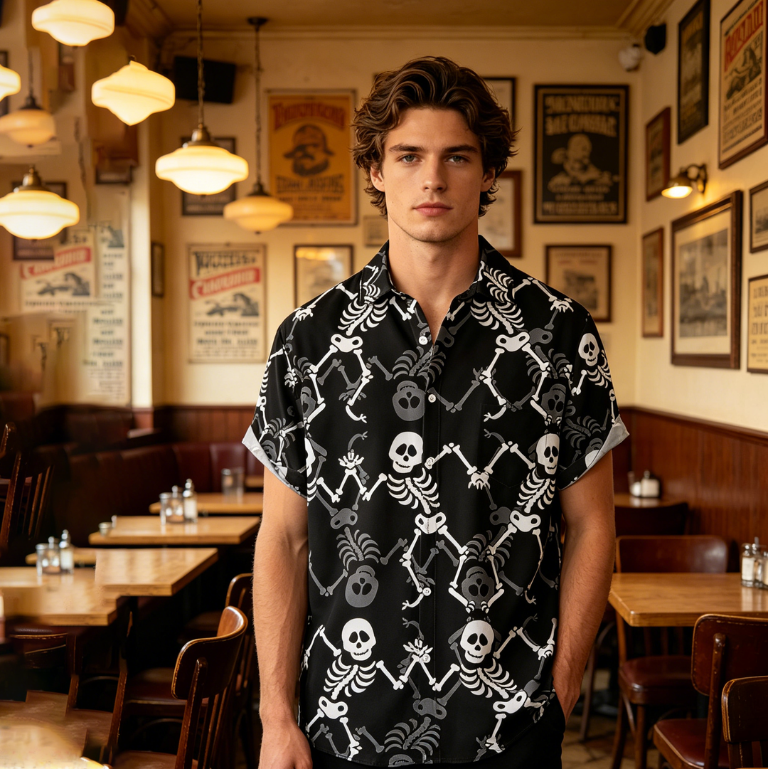 Fun skull chest pocket short-sleeved Hawaiian shirt