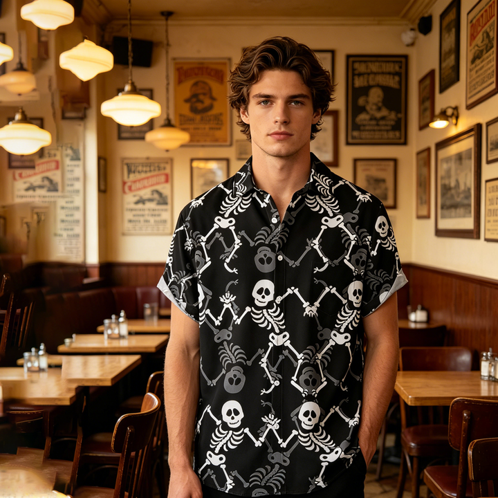 Fun skull chest pocket short-sleeved Hawaiian shirt