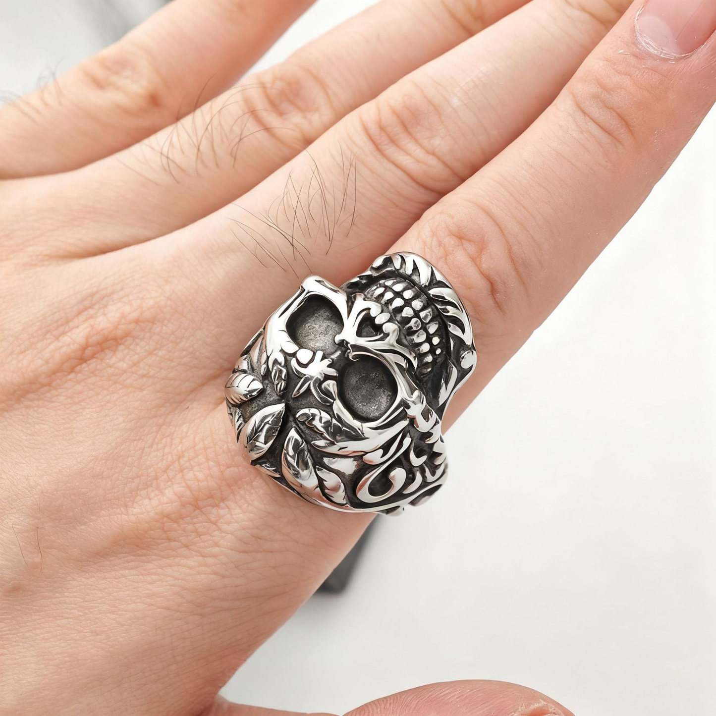 Carved floral skull vintage ring