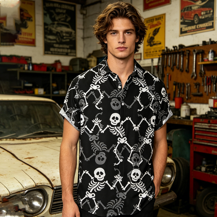Fun skull chest pocket short-sleeved Hawaiian shirt