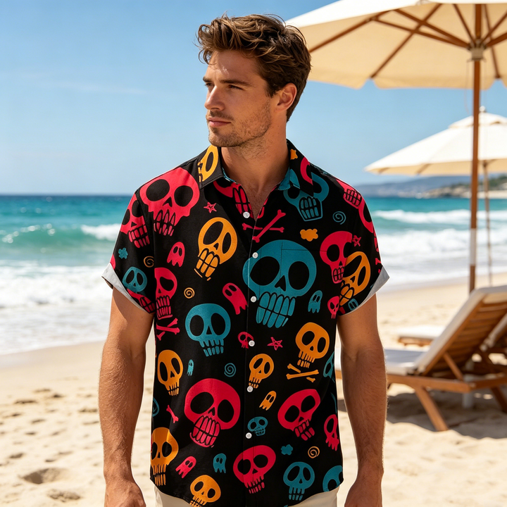 Fun skull chest pocket short-sleeved Hawaiian shirt