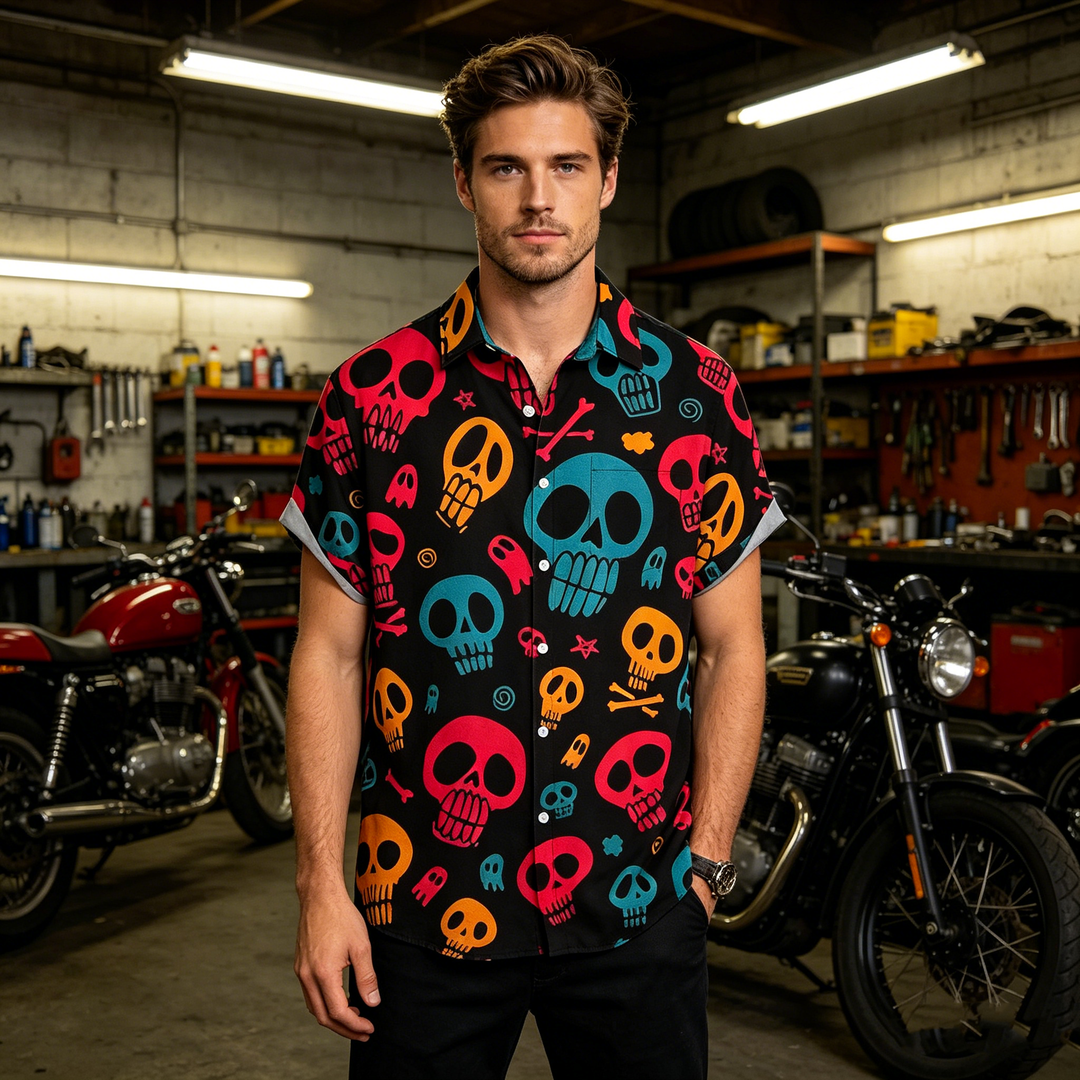 Fun skull chest pocket short-sleeved Hawaiian shirt