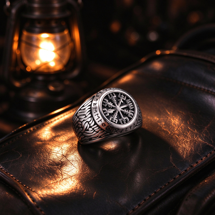 Vintage Viking Compass Rune Signet Ring for Men