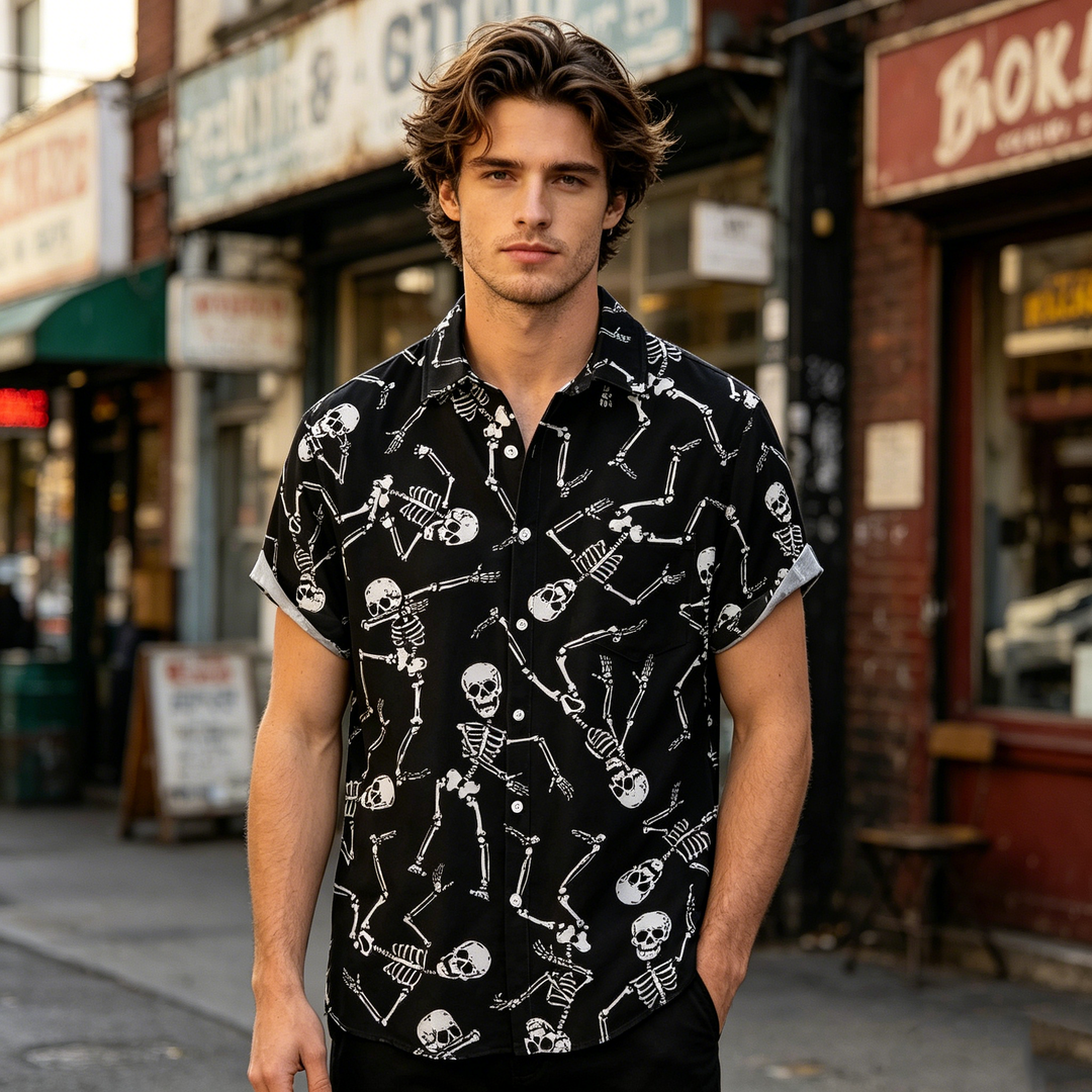 Fun skull chest pocket short-sleeved Hawaiian shirt