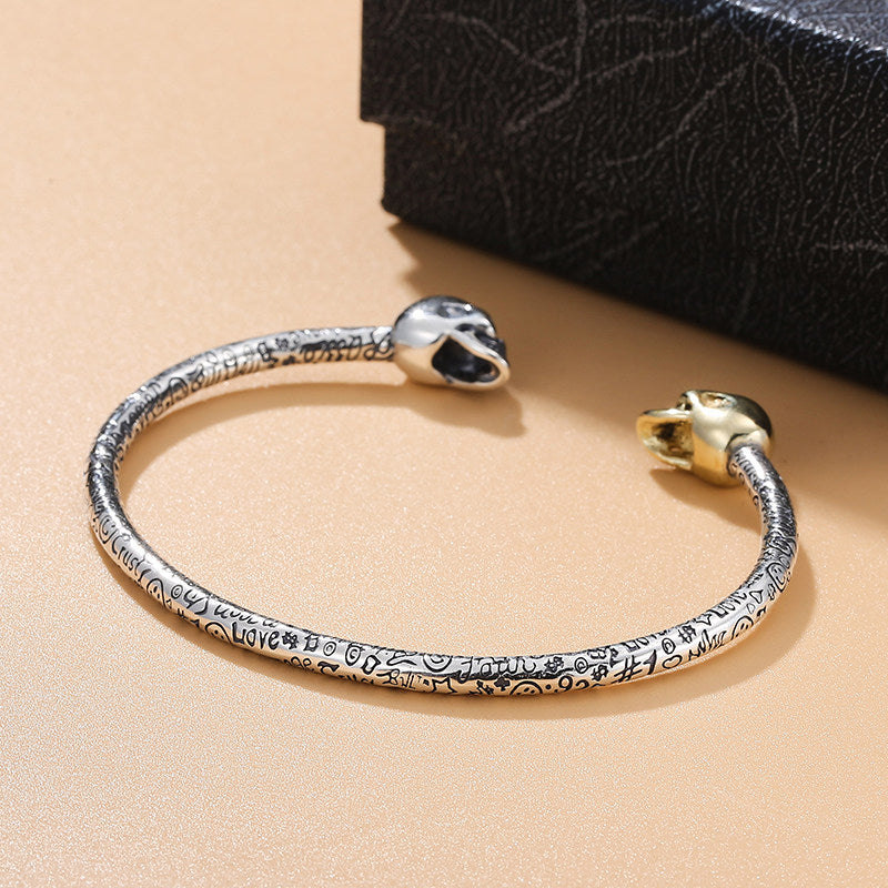 Dual Skull Open Cuff Bangle Bracelet