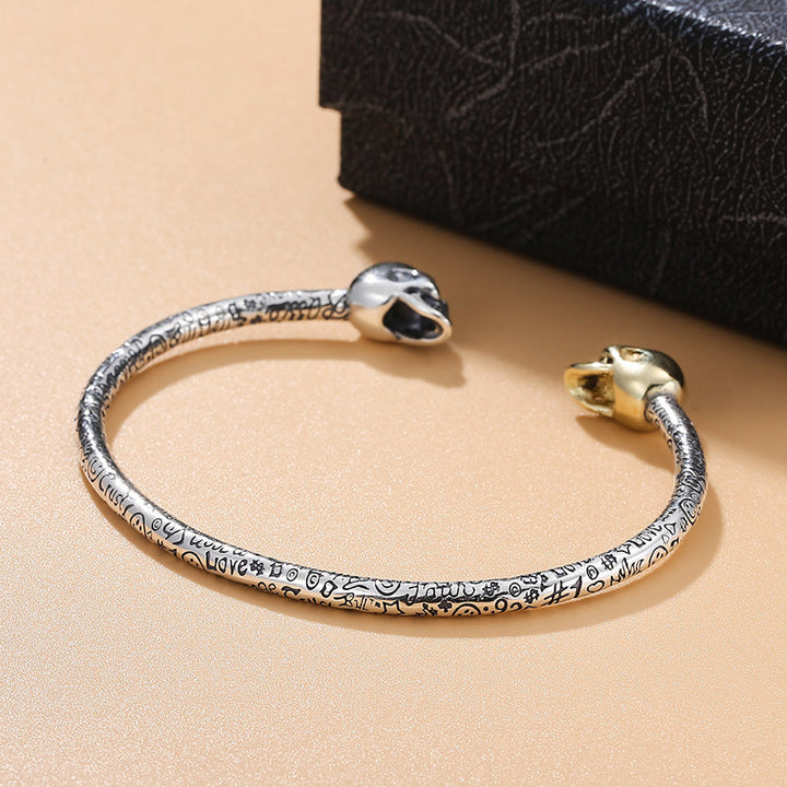 Dual Skull Open Cuff Bangle Bracelet