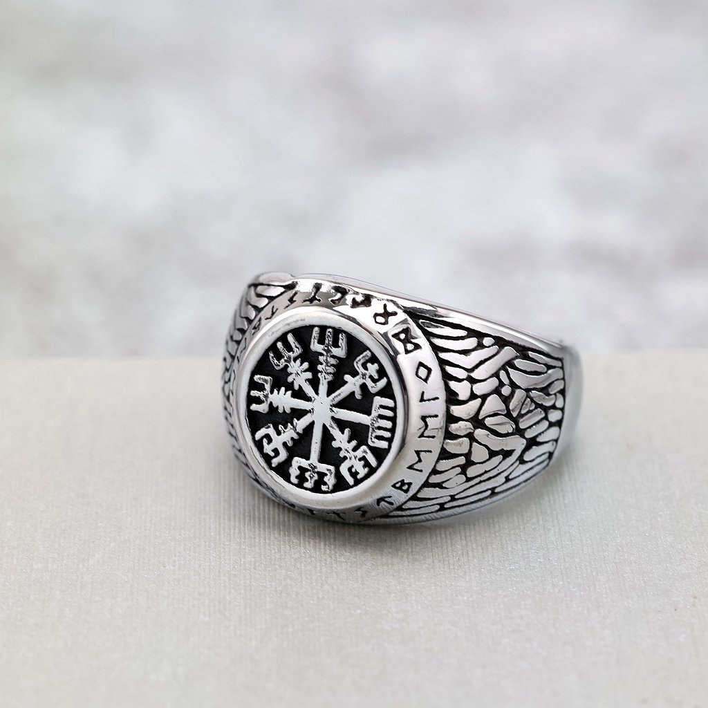Vintage Viking Compass Rune Signet Ring for Men