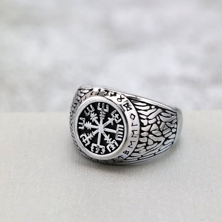 Vintage Viking Compass Rune Signet Ring for Men