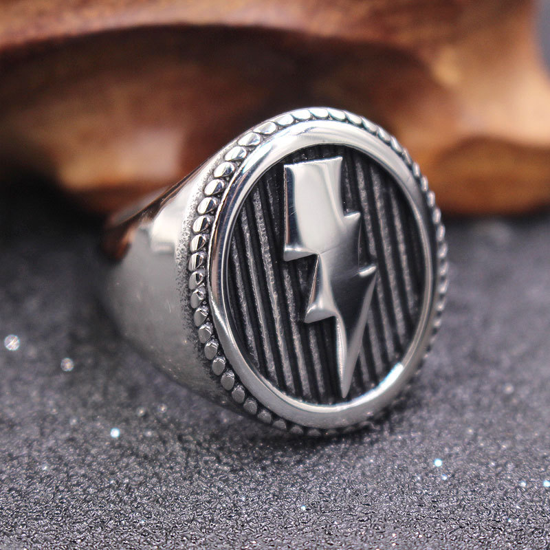 Retro Lightning Crest Biker Statement Ring