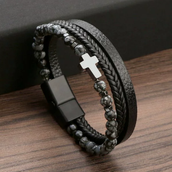 Religious Cross Beaded Stone Multi Layer Leather Wristband