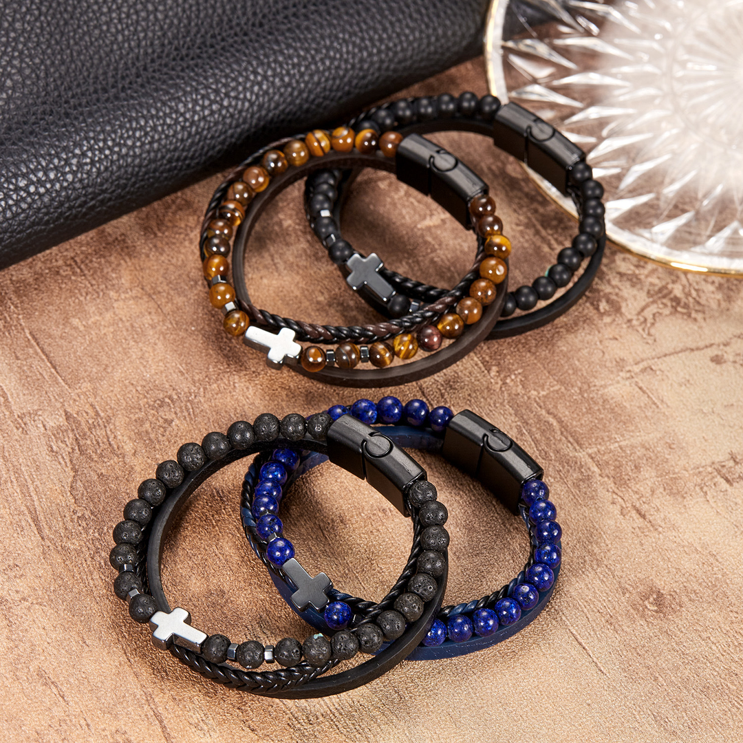 Religious Cross Beaded Stone Multi Layer Leather Wristband
