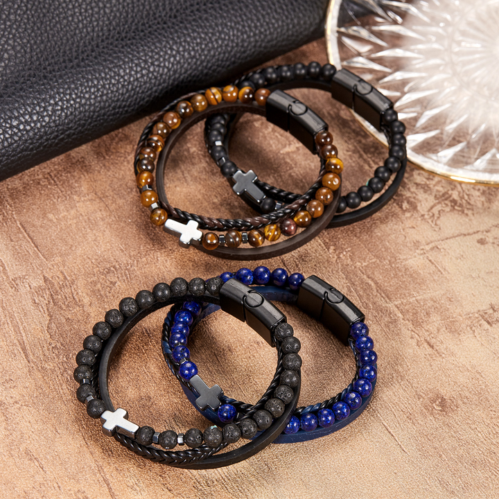 Religious Cross Beaded Stone Multi Layer Leather Wristband