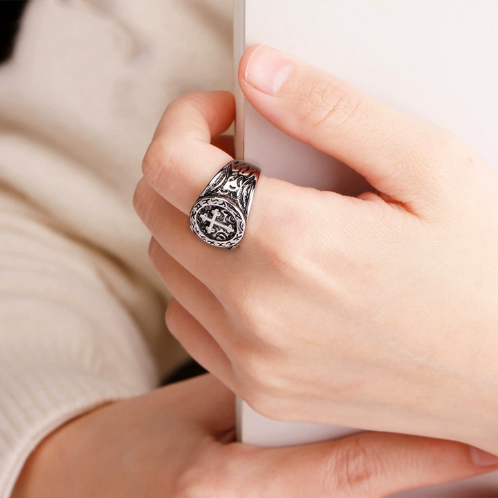 Vintage Cross Rune Engraved Adjustable Open Ring