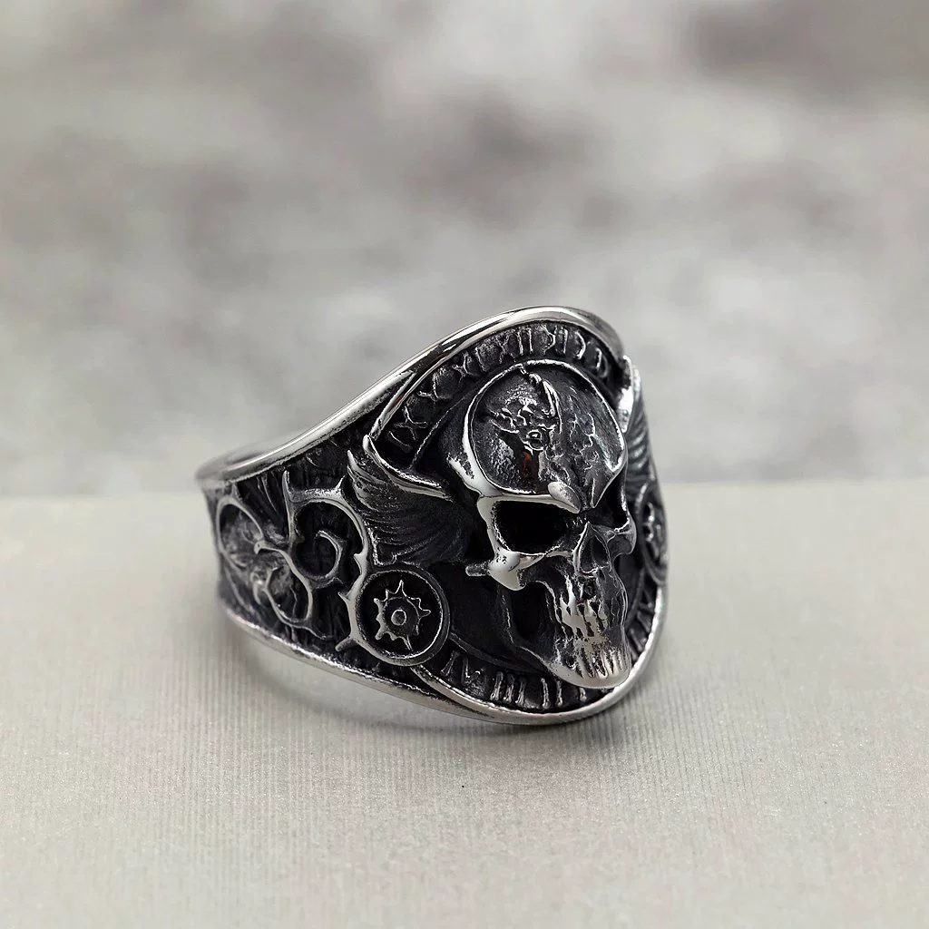 Retro Winged Skull Roman Numeral Biker Ring