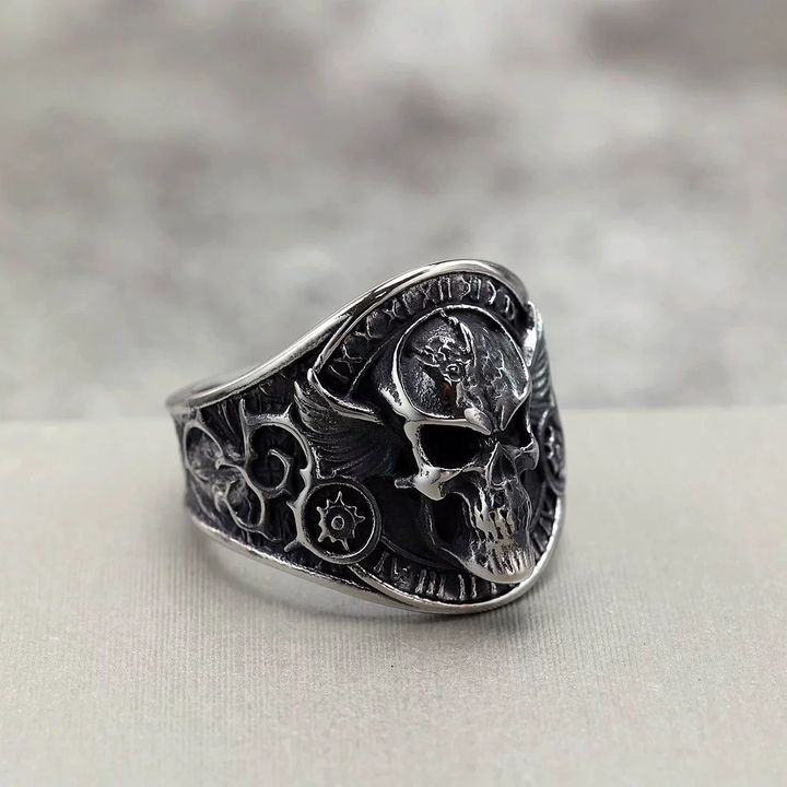 Retro Winged Skull Roman Numeral Biker Ring