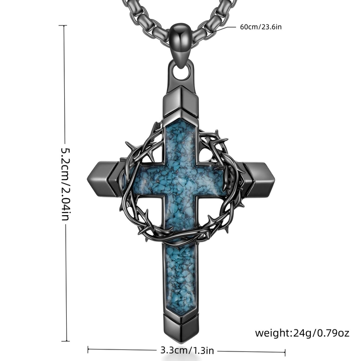 Crown of Thorns Turquoise Inlay Cross Pendant Necklace