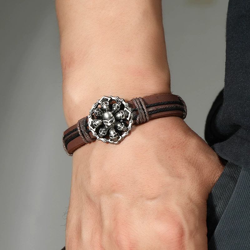 Gothic Multi Skull Rock Retro Leather Wrap Bracelet