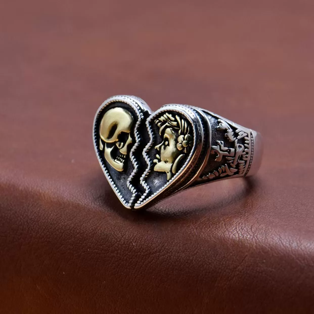 Two-Tone Split Heart Skull &amp; Woman Gothic Adjustable Ring