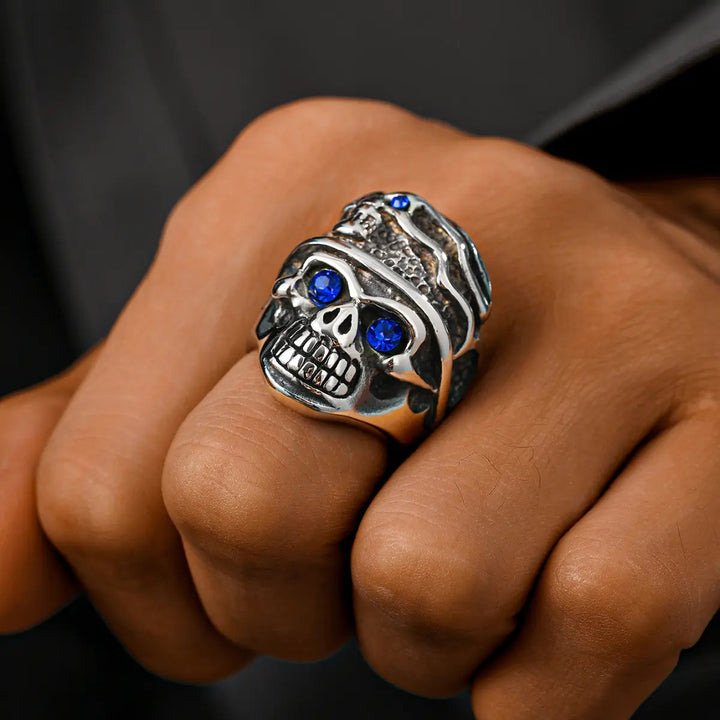 Pirate Double Skull Blue Gem Statement Ring