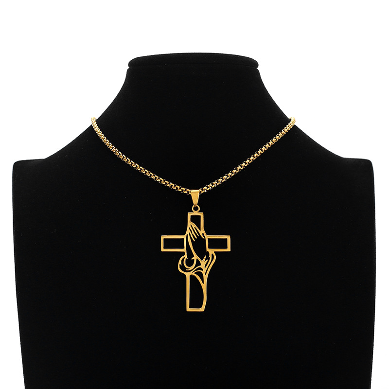 Christian Prayer Hand Cutout Cross Pendant Necklace