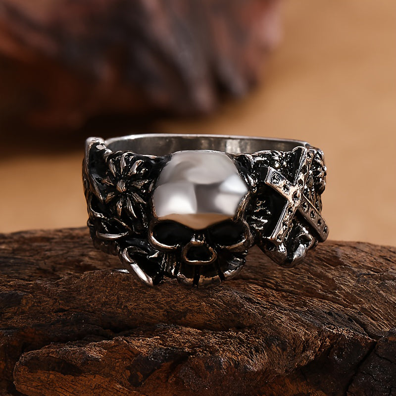 Gothic Skull Cross Floral Vintage Dark Punk Statement Band Ring