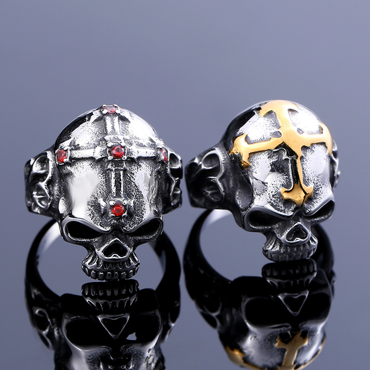 Cross Inlaid Skull Statement Ring