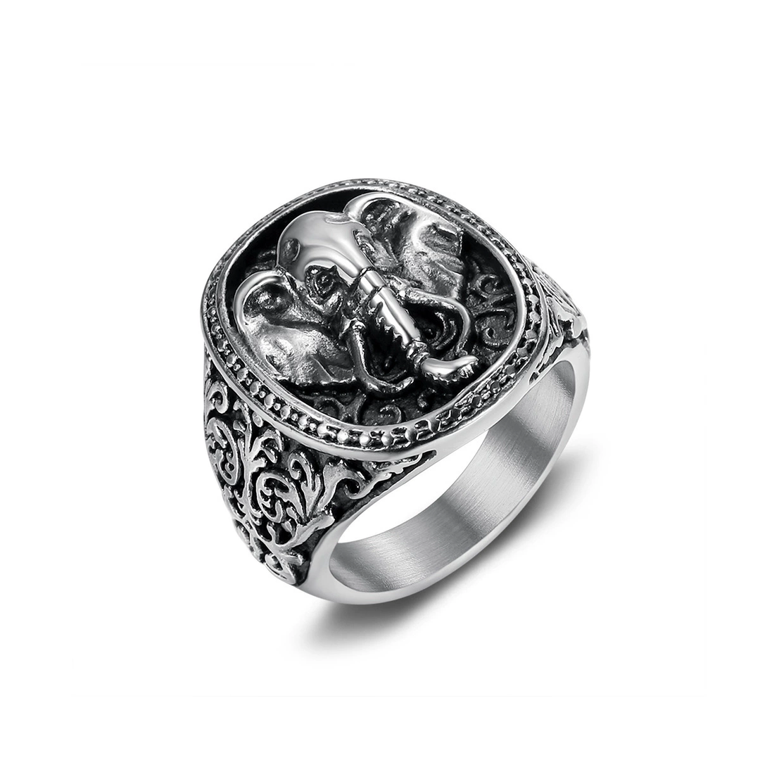 Vintage Engraved Elephant Totem Signet Statement Ring